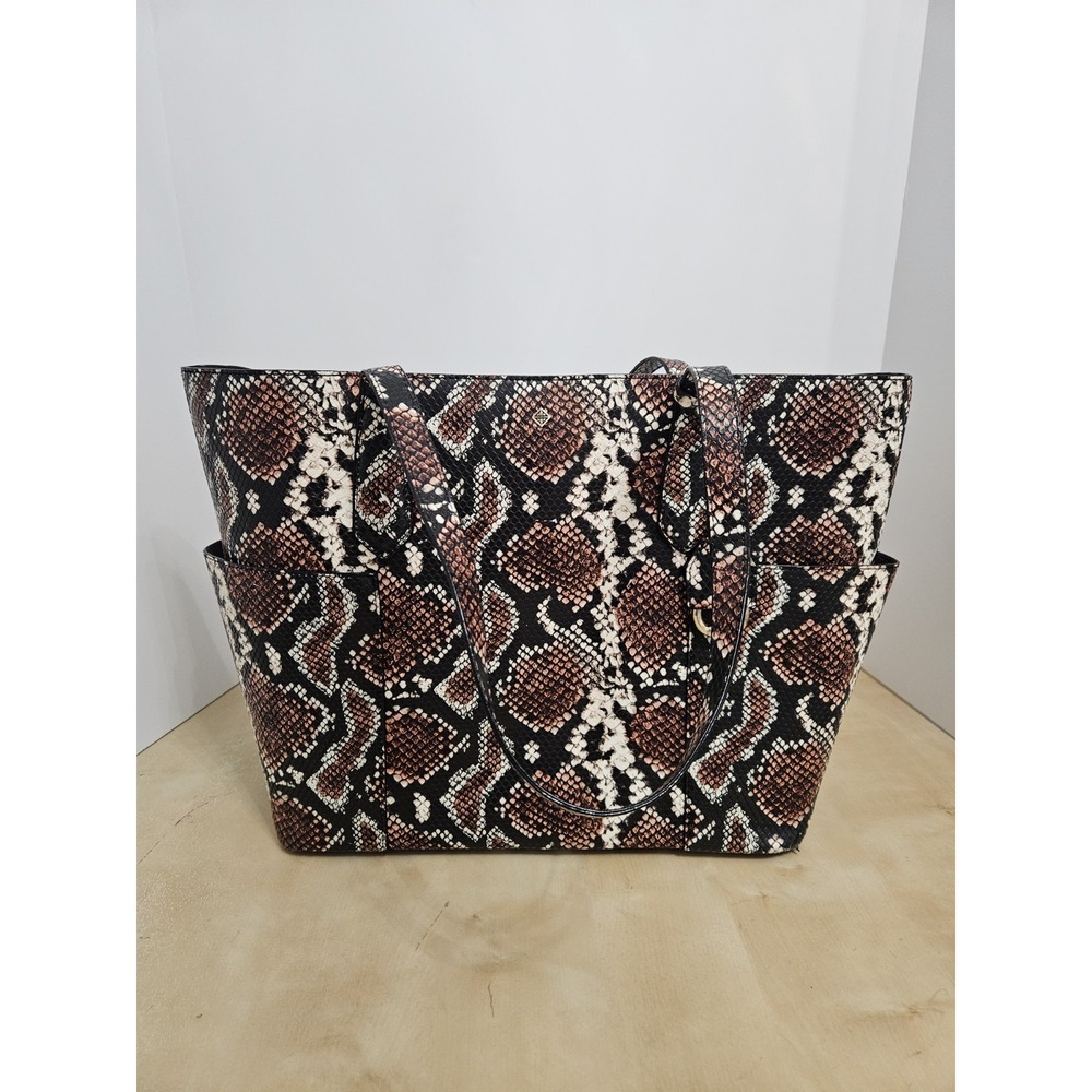 Large Snakeskin Tote Bag Faux Leather Python Print Shoulder Handbag Brown Pocket